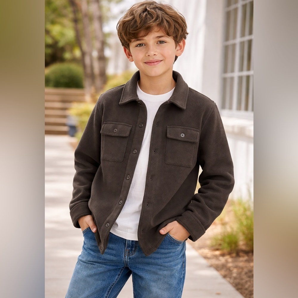 Boys Fleece Jacket Medium Back to School Fall Button Down Brown long sleeve new